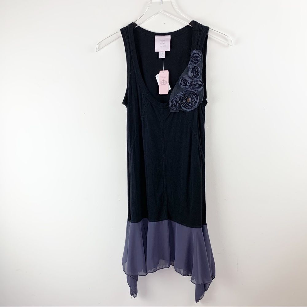 Romeo & Juliet Couture Black Knit Tunic/Dress w/Floral Appliqué‎ Chiffon Hem NWT